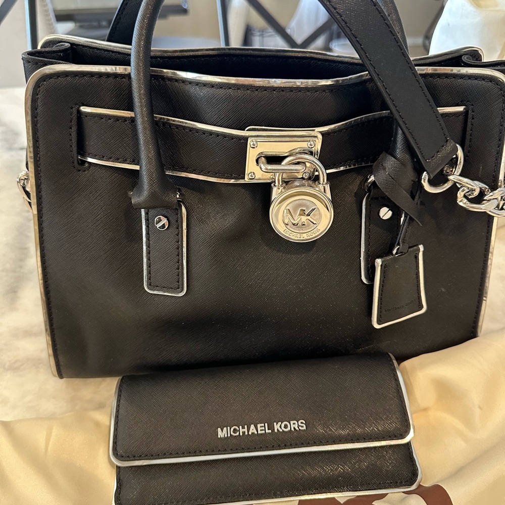 Michael Kors Black and Silver Handbag with Wallet